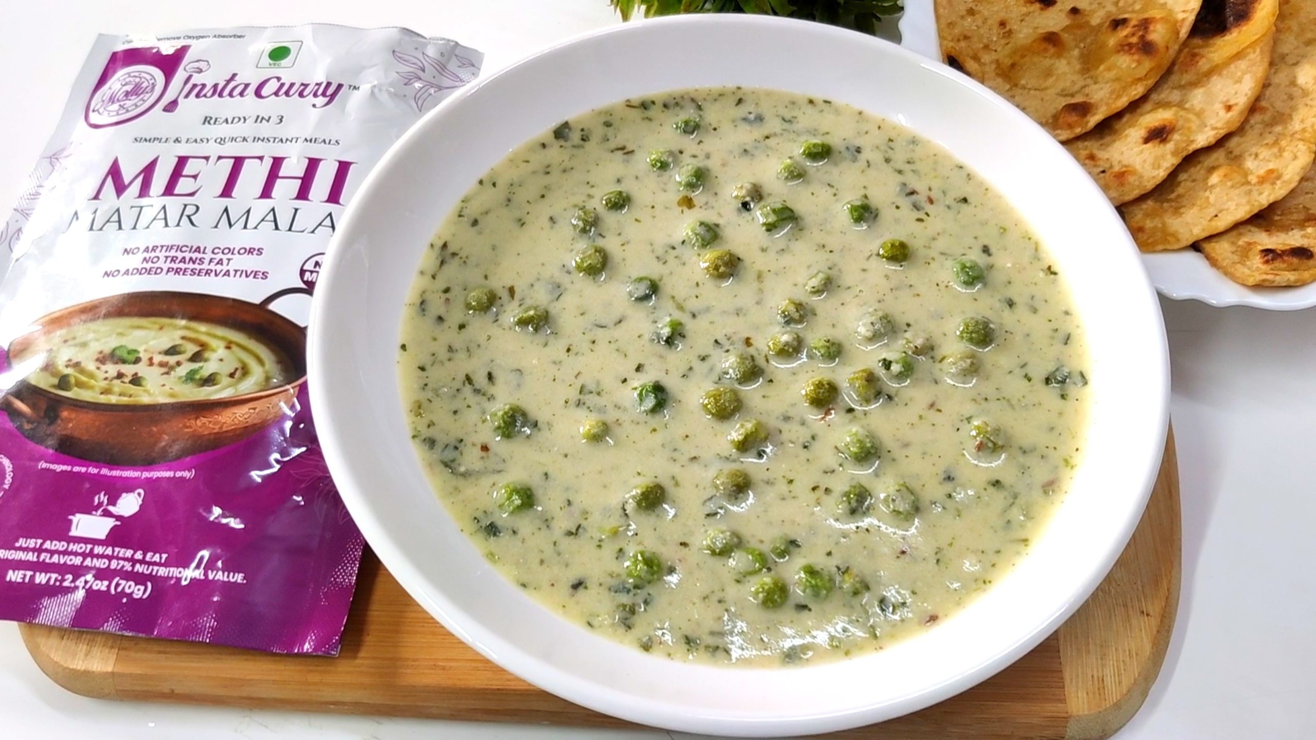 Methi Matar Malai: Creamy fenugreek and green peas curry. 2 Servings. Just Add Hot water