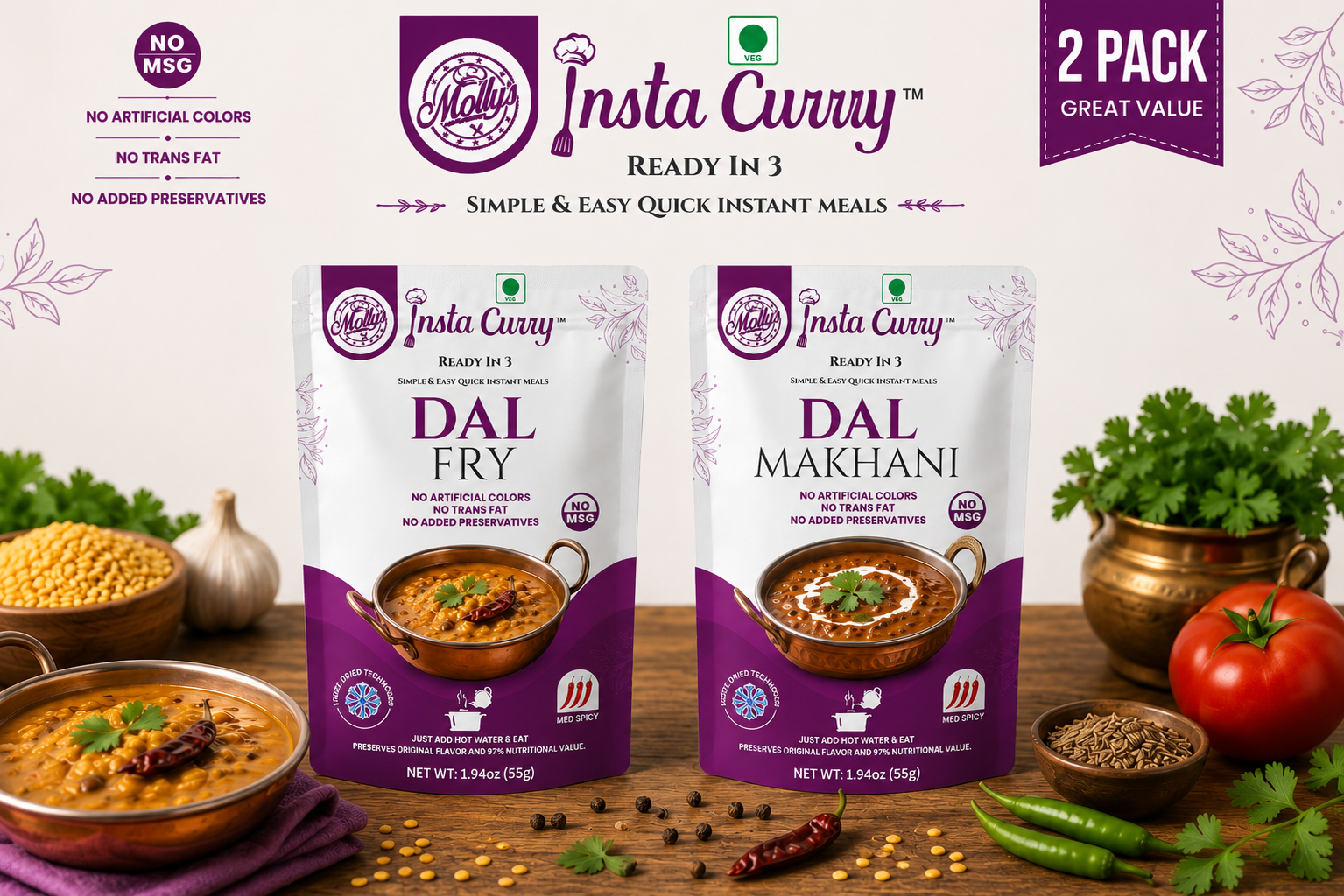 Dal Fry 2-Pack | Authentic Indian Lentil Curry | 4 Servings | Just Add Hot Water No Cooking Needed Ready in 3 Minutes