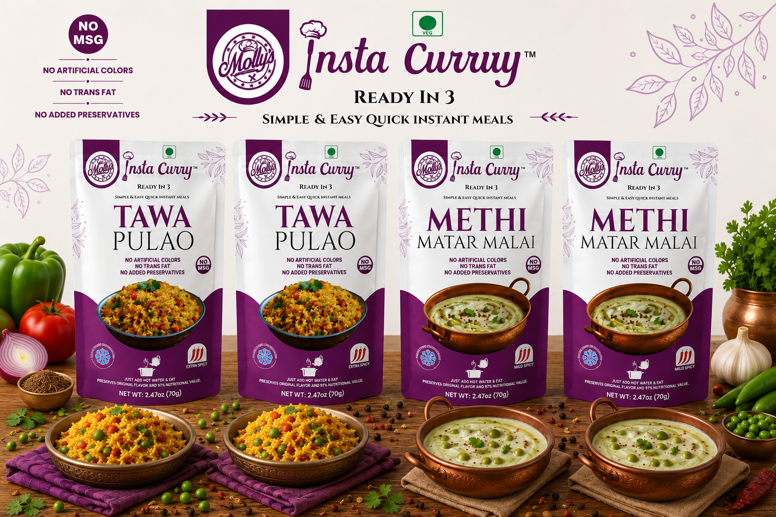 Tawa Pulao & Methi Matar Malai 4-Pack | 8 Servings | Just Add Hot Water | No Cooking Needed