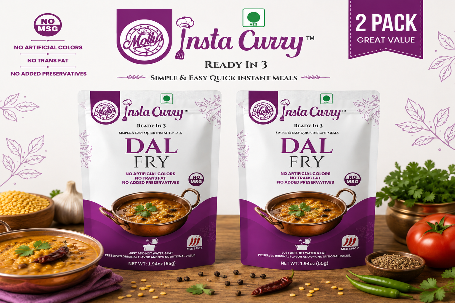 Dal Fry 2-Pack | Lentil Curry | 4 Servings | Just Add Hot Water No Cooking Needed