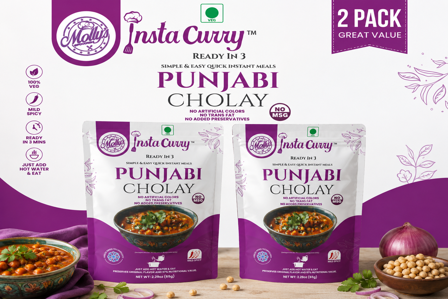 Punjabi Cholay (Chickpea Curry) – 2 Pack (4 Servings) | Just Add Hot Water No Cooking Needed