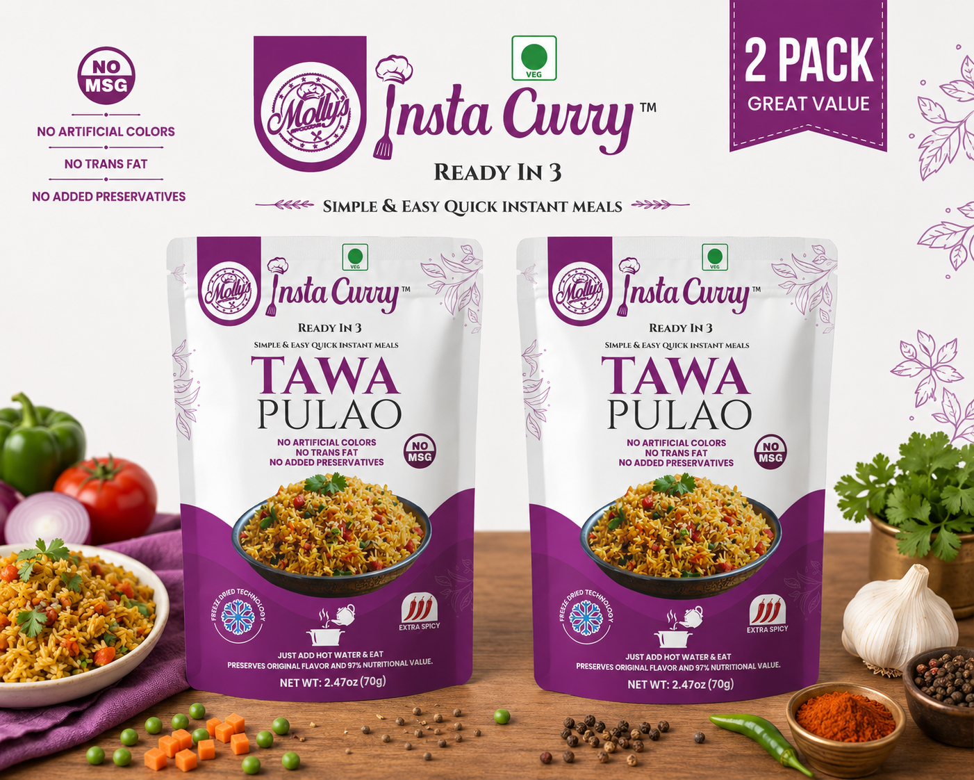 Tawa Pulao 2-Pack | Authentic Indian Spiced Rice | 4 Servings | Just Add Hot Water No Cooking Needed