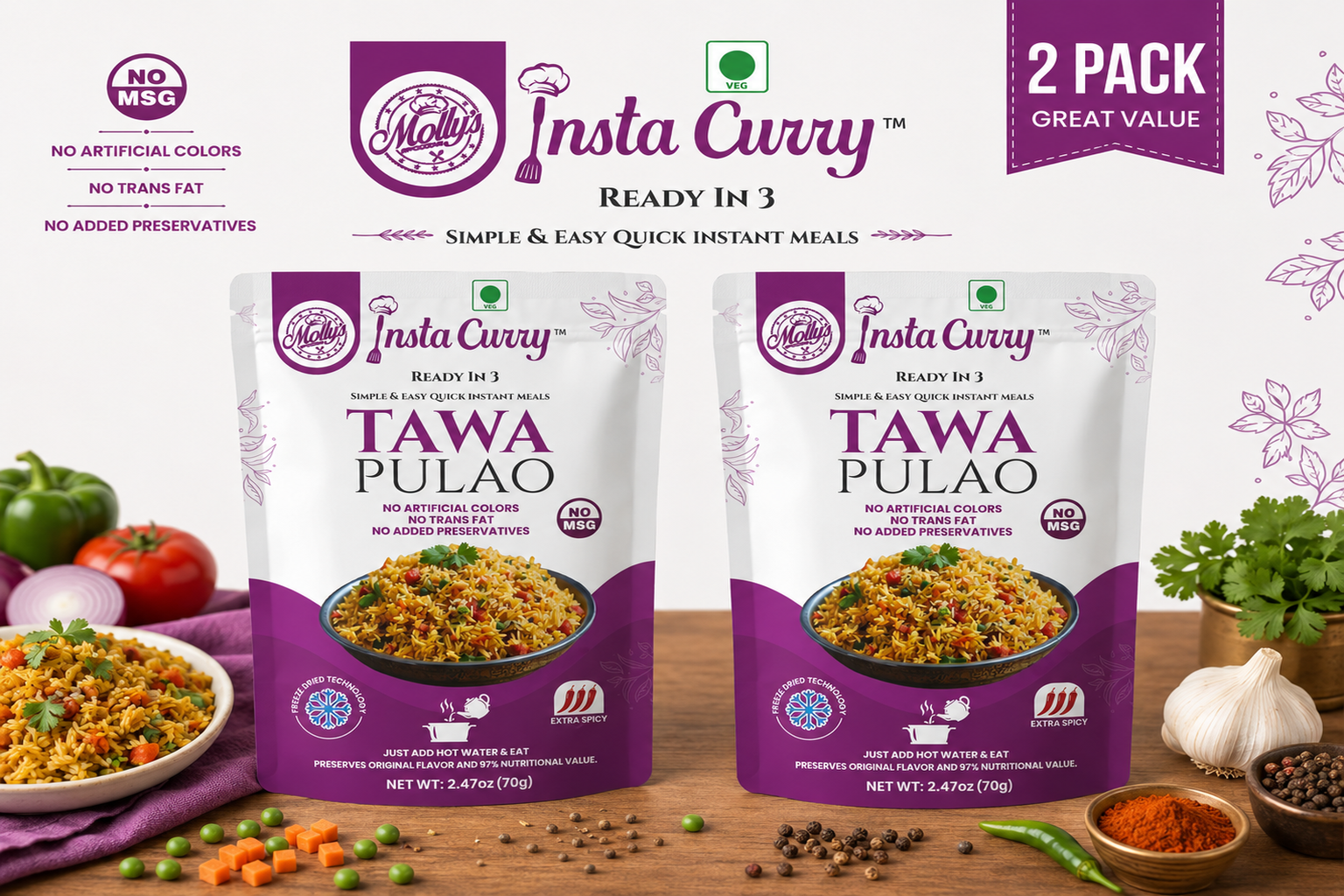 Tawa Pulao 2-Pack | 4 Servings  | Just Add Hot Water |  No Cooking Needed