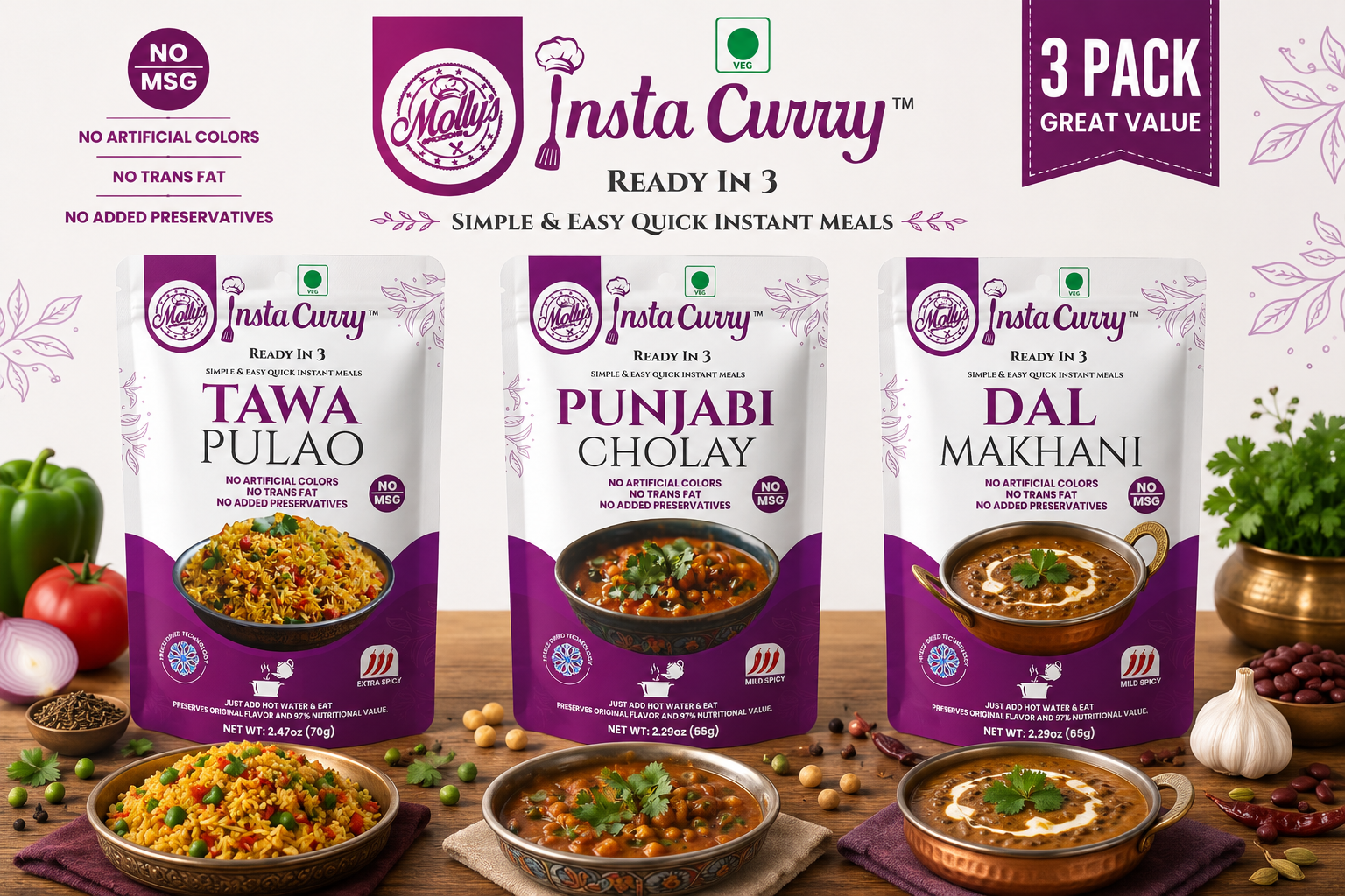 Tawa Pulao, Punjabi Cholay & Dal Makhani | 6 Servings Just Add Hot Water