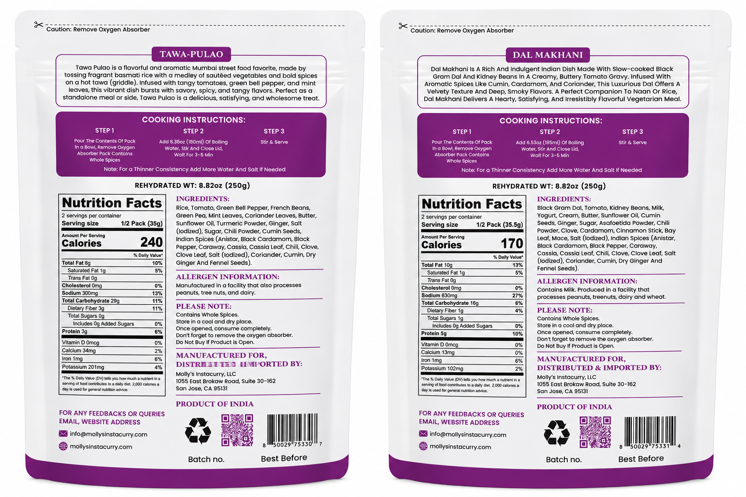 Tawa Pulao & Dal Makhani 2-Pack | 4 Servings | Just Add Hot Water No Cooking Needed