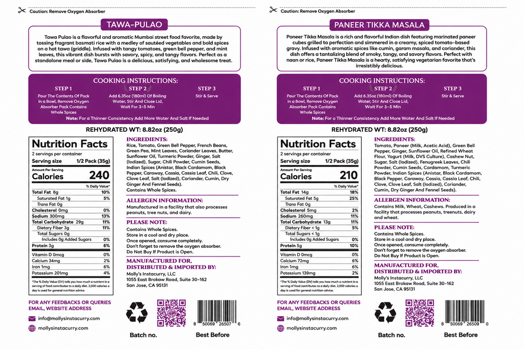 Tawa Pulao & Paneer Tikka Masala 4-Pack | 8 Servings | Just Add Hot Water |