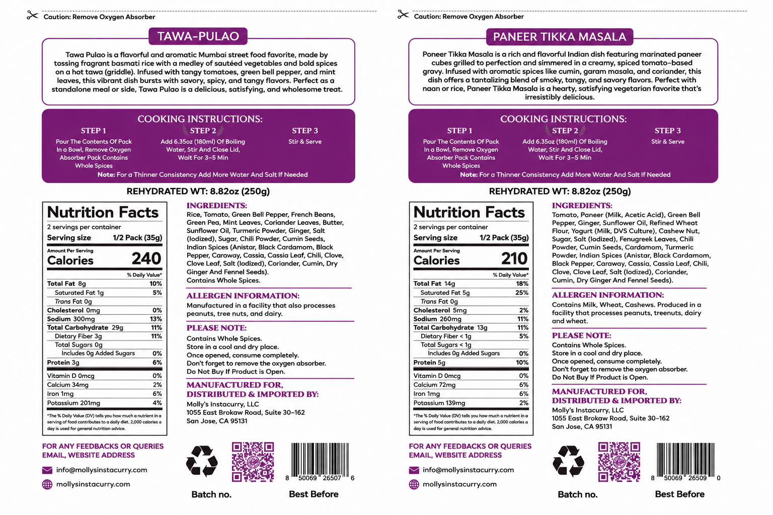 Tawa Pulao & Paneer Tikka Masala 4-Pack | 8 Servings | Just Add Hot Water |