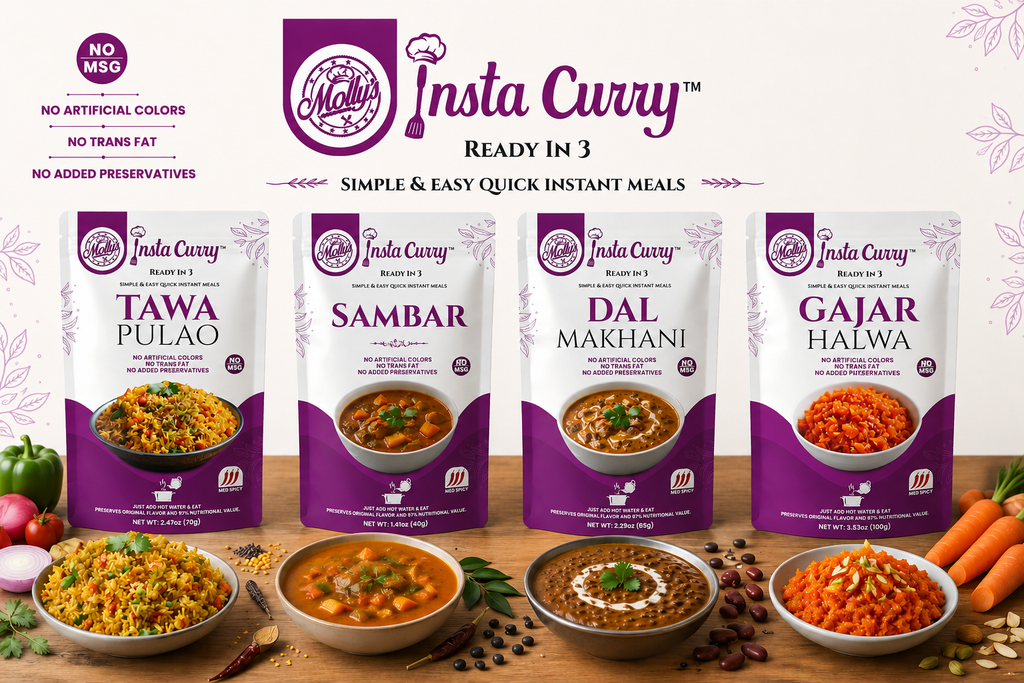 Molly’s Insta Curry  – Tawa Pulao, Sambar, Dal Makhani & Gajar Halwa | 8 Servings Just Add Hot Water No Cooking Needed