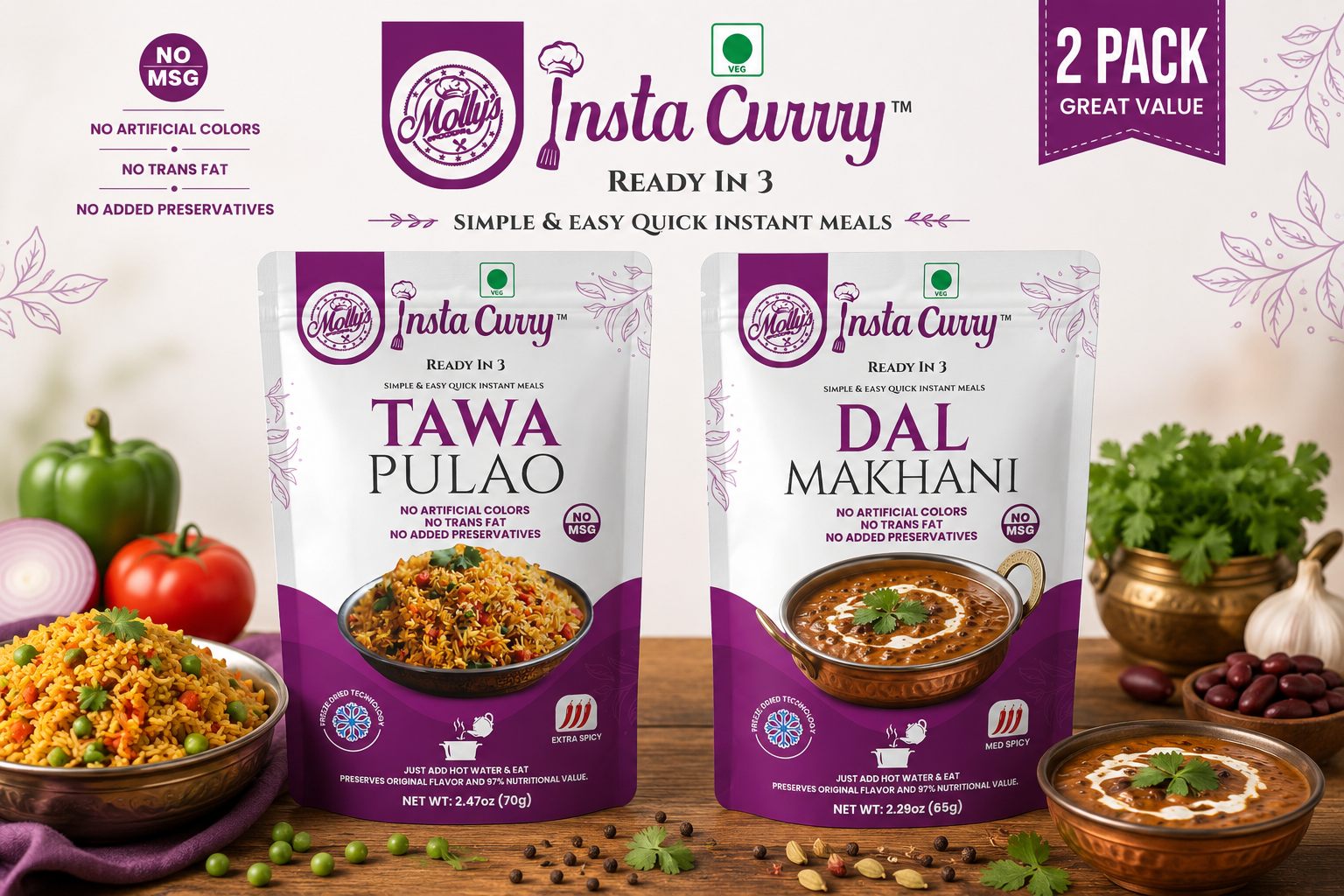 Tawa Pulao & Dal Makhani 2-Pack | 4 Servings | Just Add Hot Water No Cooking Needed
