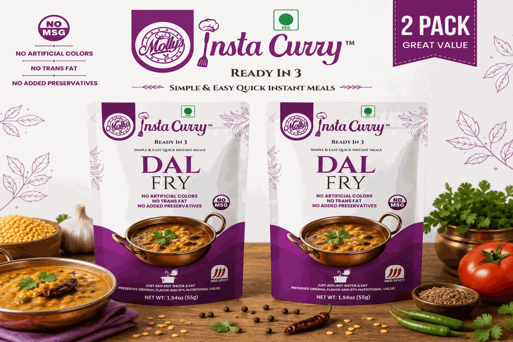 Dal Fry 2-Pack features two vegetarian instant lentil curry pouches with purple and white packaging and meal imagery