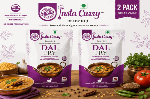Dal Fry 2-Pack features two vegetarian instant lentil curry pouches with purple and white packaging and meal imagery