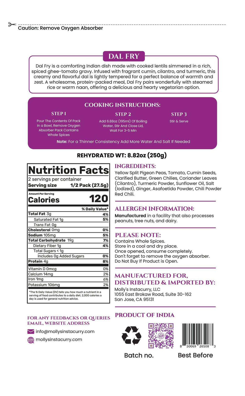 Dal Fry 2-Pack in a white pouch with purple labels, showing lentil curry, preparation steps and nutrition details