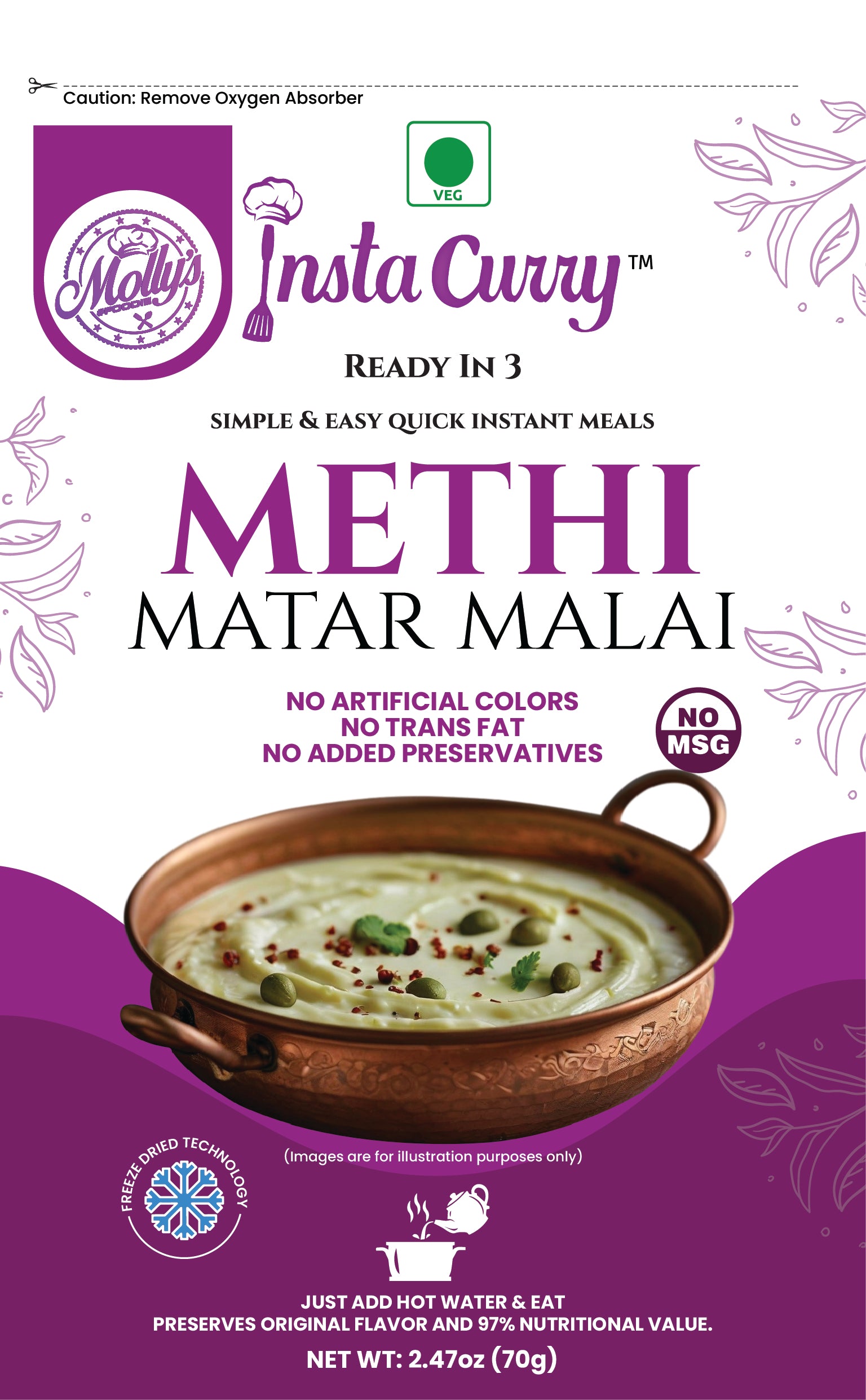 Methi Matar Malai: Creamy fenugreek and green peas curry. 2 Servings. Just Add Hot water