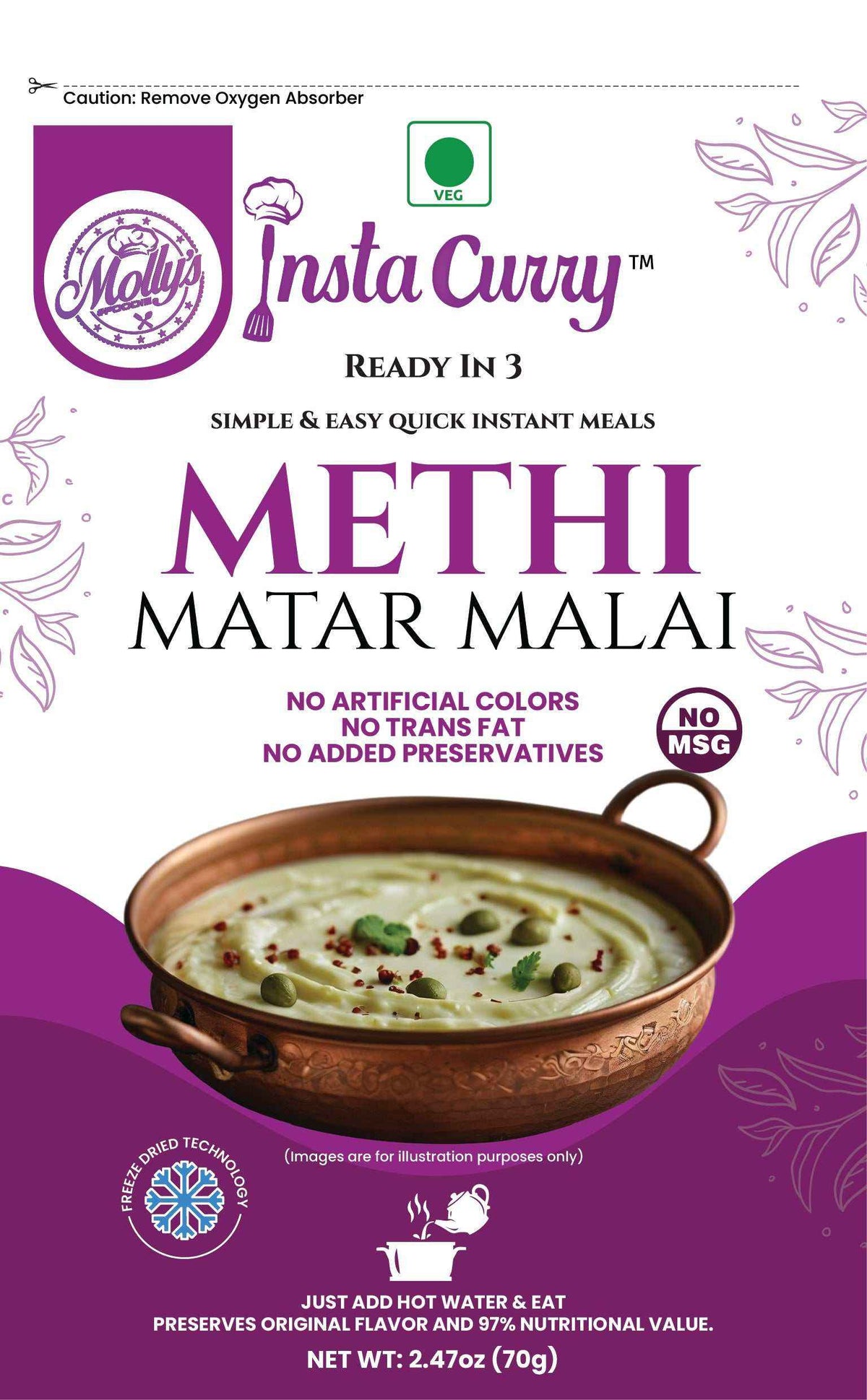 Methi Matar Malai instant curry pouch featuring creamy green pea curry with fenugreek and spice garnish