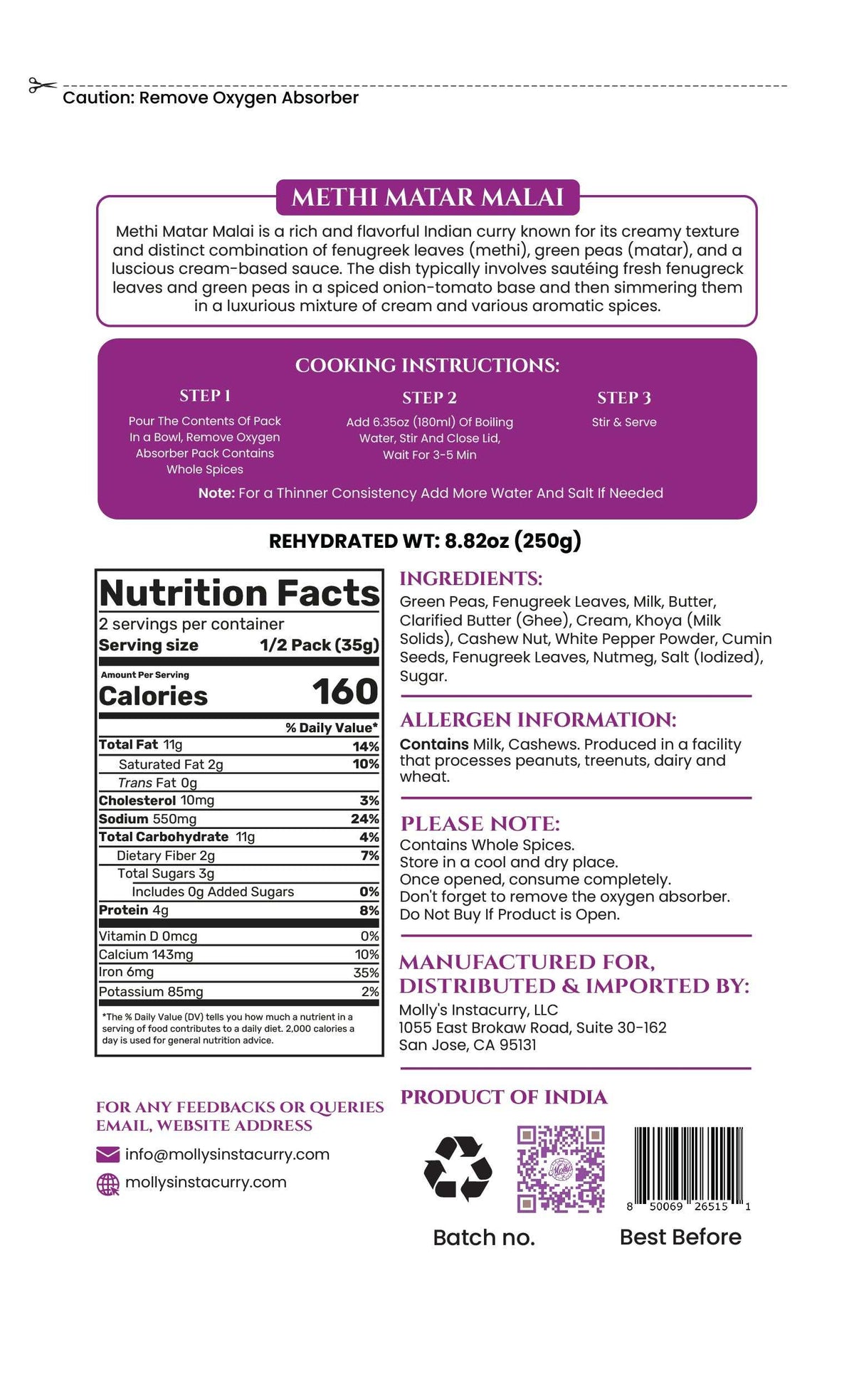 Methi Matar Malai instant curry packet label with cooking instructions, nutrition facts, ingredients and preparation details