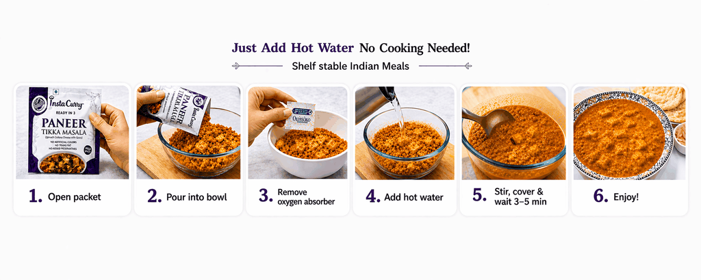 Molly's Insta Curry® Sambar ready-to-eat meal instructions showing a packet, dried lentils, hot water, and prepared curry