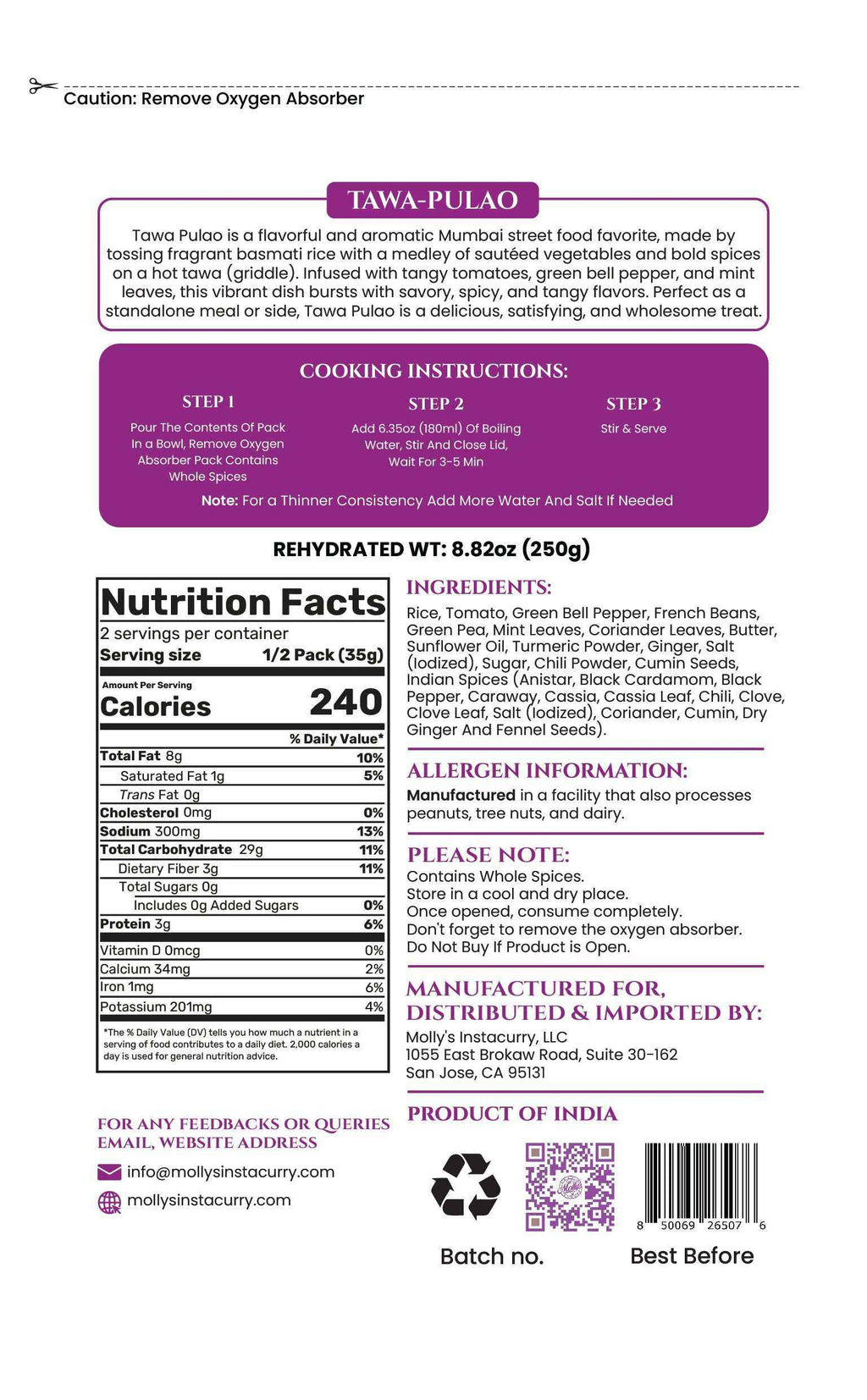 Tawa Pulao 2-Pack freeze-dried meal pouch label with purple Tawa Pulao branding, preparation instructions, nutrition facts and ingredients
