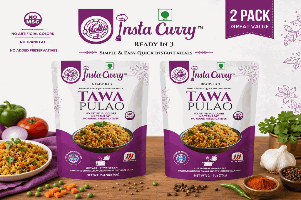 Tawa Pulao 2-Pack in two white and purple instant rice pouches featuring a plated vegetable pulao image