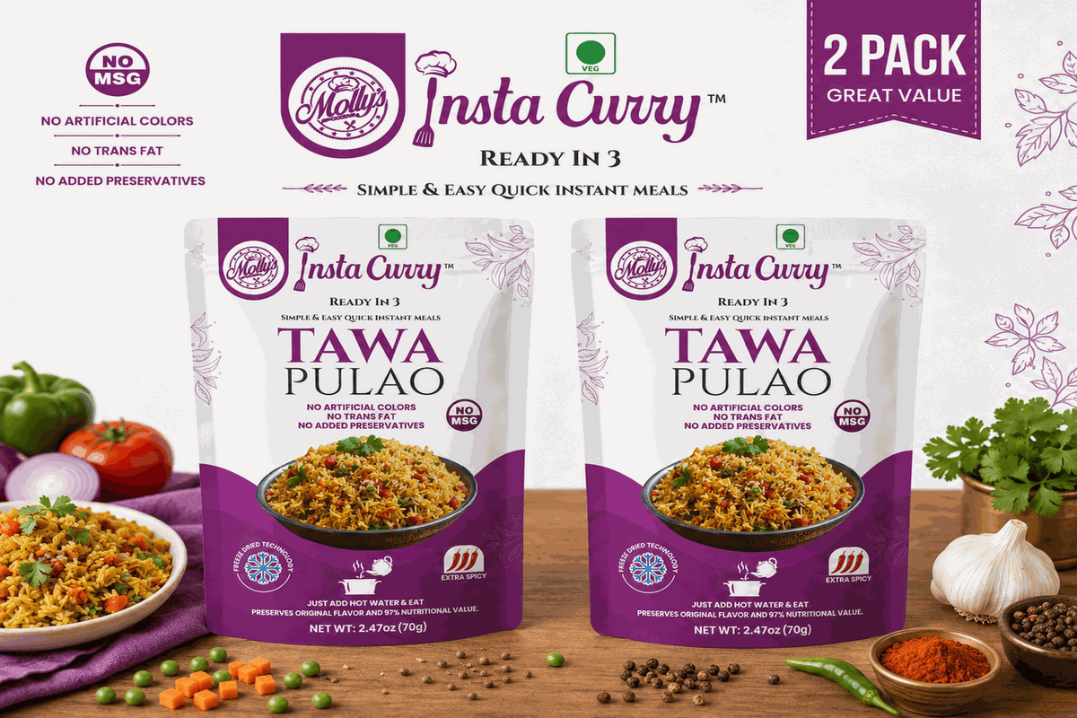 Tawa Pulao 2-Pack in two white and purple instant rice pouches featuring a plated vegetable pulao image