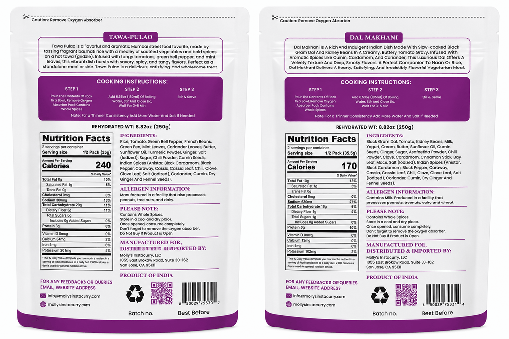 Tawa Pulao & Dal Makhani two-pack of vegetarian instant meal pouches with purple labels and preparation instructions
