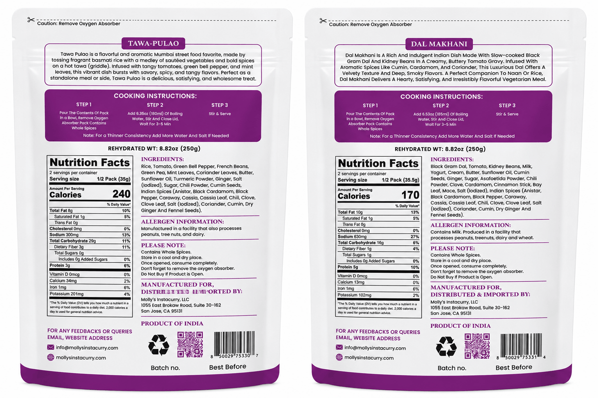 Tawa Pulao & Dal Makhani two-pack of vegetarian instant meal pouches with purple labels and preparation instructions