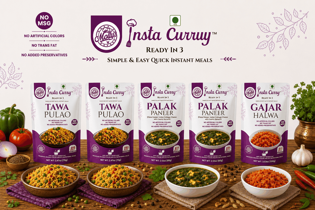 Tawa Pulao and meal kit bundle with five purple-and-white pouches for pulao, palak paneer and gajar halwa