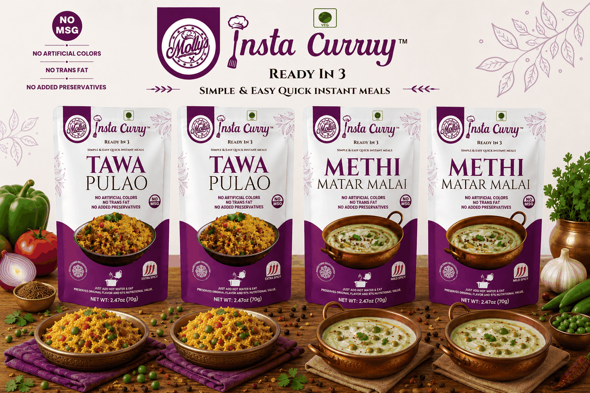 Tawa Pulao and Methi Matar Malai meal pouches in a four-pack, with purple packaging and plated rice and curry