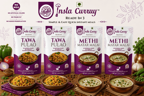 Tawa Pulao and Methi Matar Malai meal pouches in a four-pack, with purple packaging and plated rice and curry