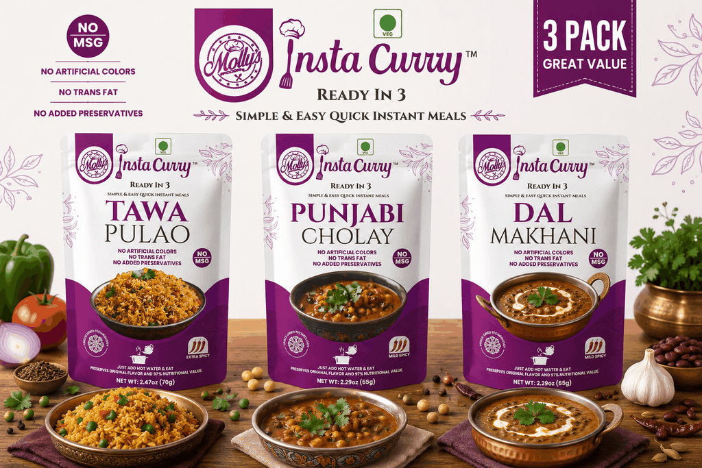 Tawa Pulao meal pack bundle with Punjabi Cholay and Dal Makhani pouches, featuring purple and white packaging