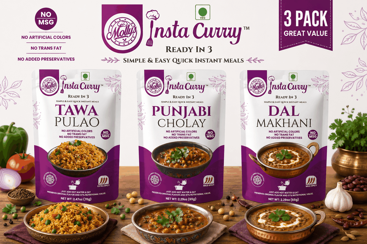 Tawa Pulao meal pack bundle with Punjabi Cholay and Dal Makhani pouches, featuring purple and white packaging