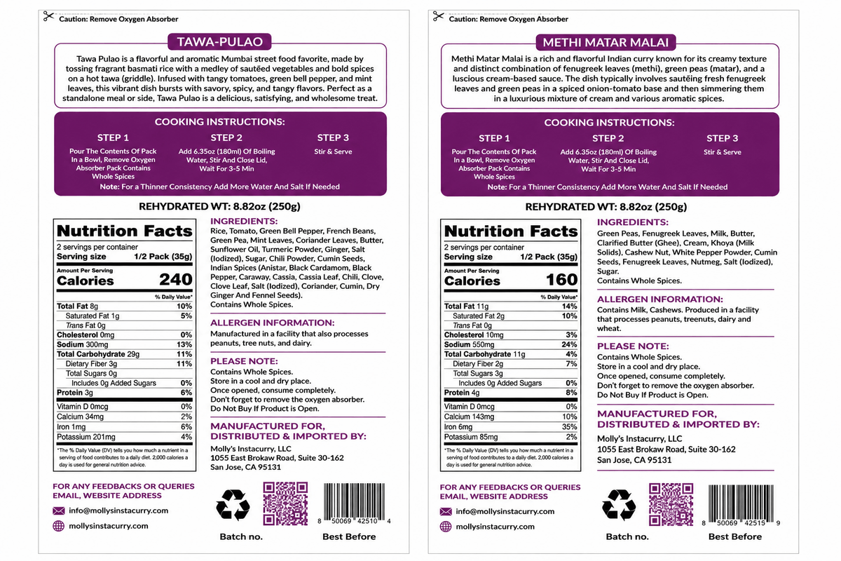 Tawa Pulao and Methi Matar Malai meal pouches with purple labels, cooking instructions, nutrition facts and ingredient details
