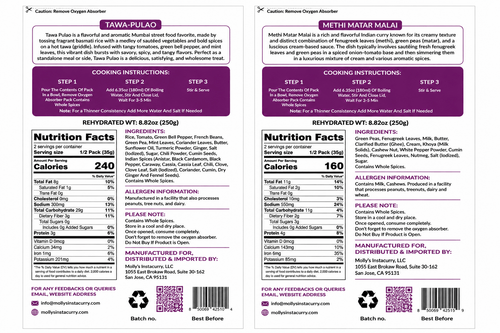 Tawa Pulao and Methi Matar Malai meal pouches with purple labels, cooking instructions, nutrition facts and ingredient details
