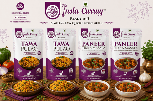 Tawa Pulao and Paneer Tikka Masala instant meal pouches with purple-and-white packaging and plated meals