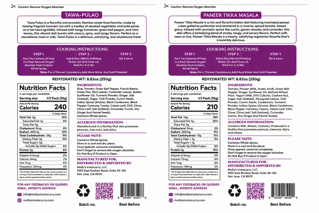 Tawa Pulao and Paneer Tikka Masala meal pouches with purple labels, cooking instructions and nutrition facts