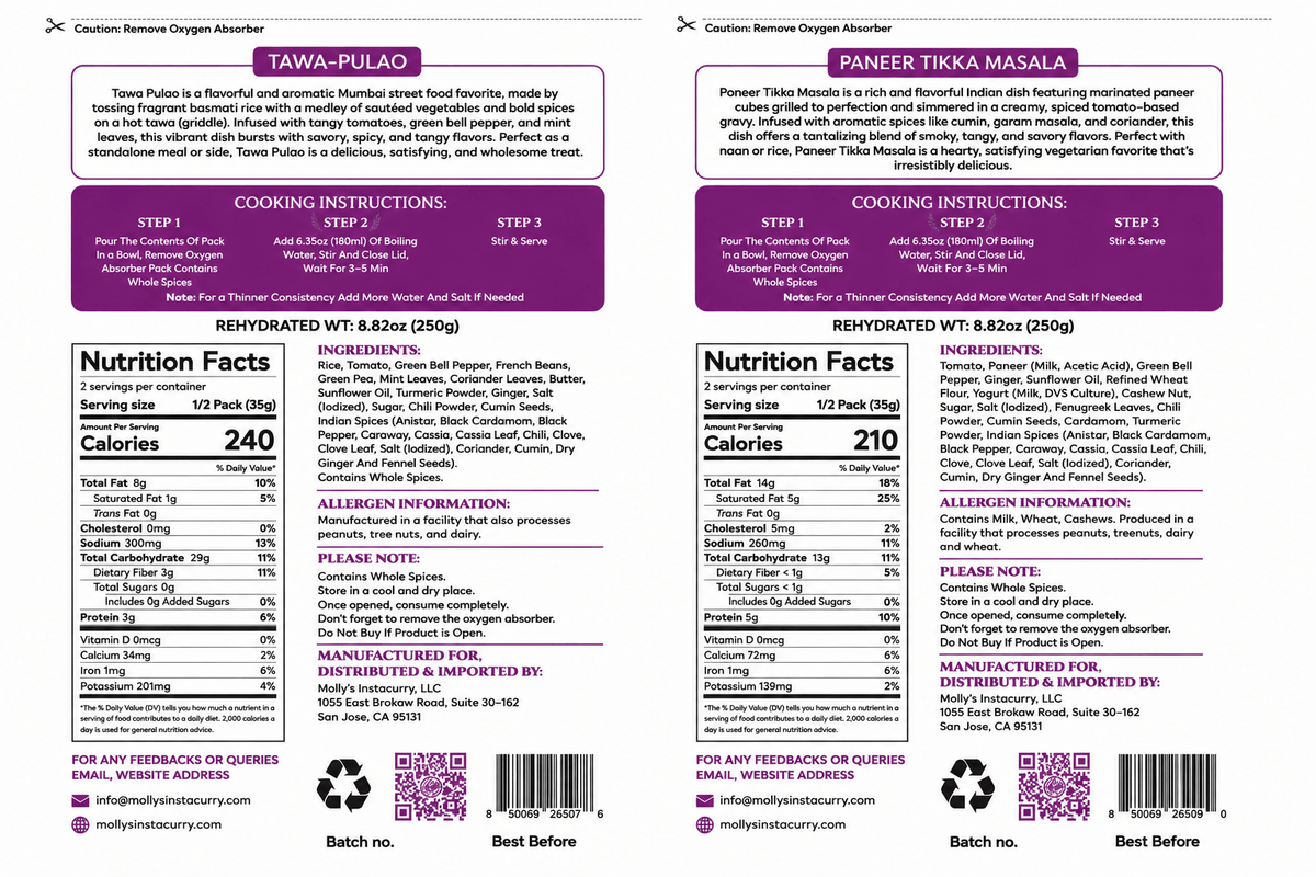 Tawa Pulao and Paneer Tikka Masala meal pouches with purple labels, cooking instructions and nutrition facts