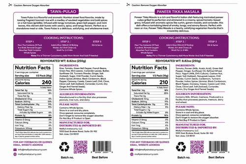 Tawa Pulao and Paneer Tikka Masala meal pouches with purple labels, cooking instructions and nutrition facts