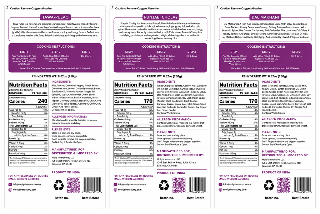 Tawa Pulao meal pouch alongside Punjabi Cholay and Dal Makhani pouches, with purple labels and cooking instructions