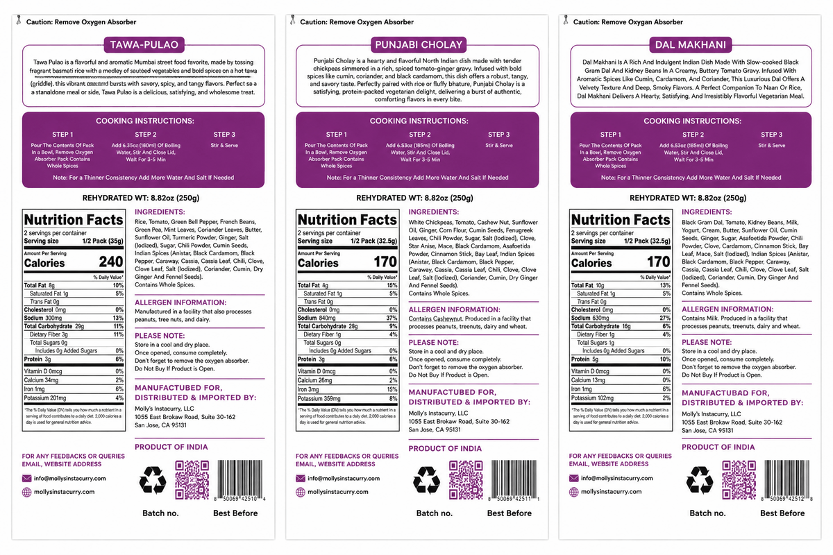 Tawa Pulao meal pouch alongside Punjabi Cholay and Dal Makhani pouches, with purple labels and cooking instructions