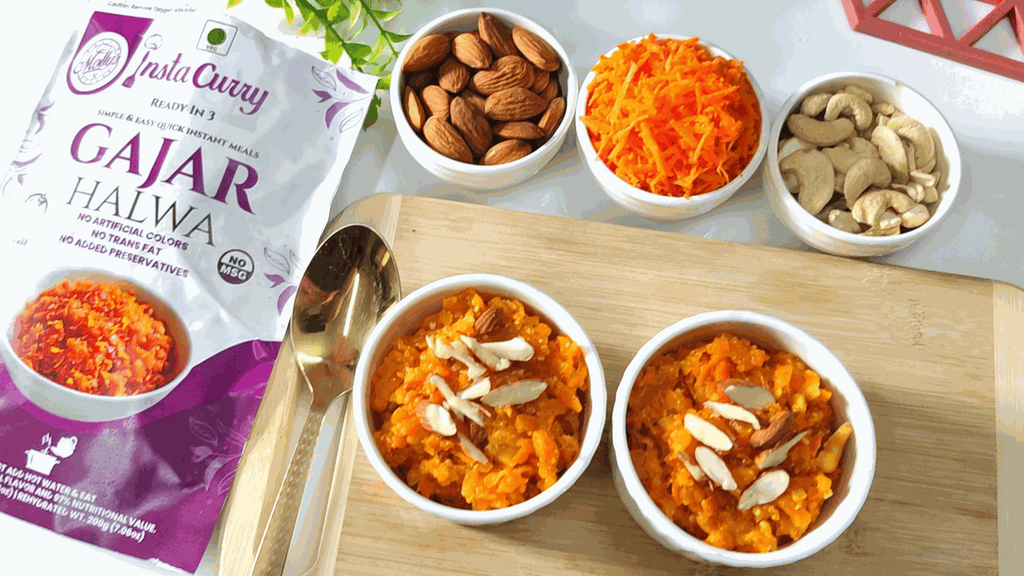 Tawa Pulao meal pack with a purple and white Molly's Insta Curry pouch beside bowls of orange carrot halwa