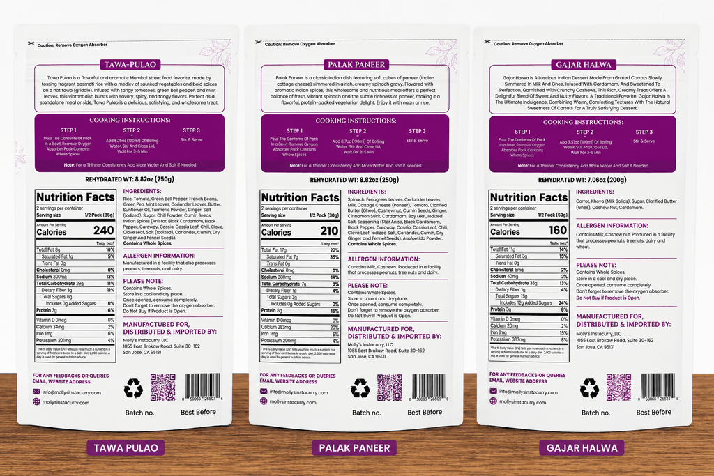 Tawa Pulao variety pack with three white meal pouches labeled Tawa Pulao, Palak Paneer, and Gajar Halwa