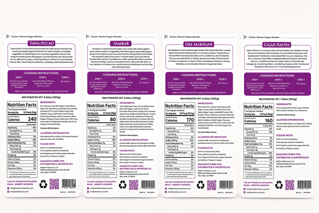 Tawa Pulao vegetarian instant meal pouch label, with purple accents, preparation instructions, nutrition facts and ingredients
