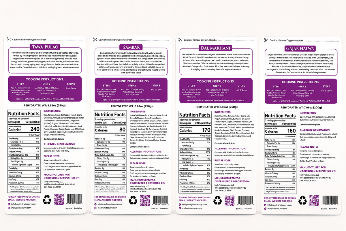 Tawa Pulao vegetarian instant meal pouch label, with purple accents, preparation instructions, nutrition facts and ingredients